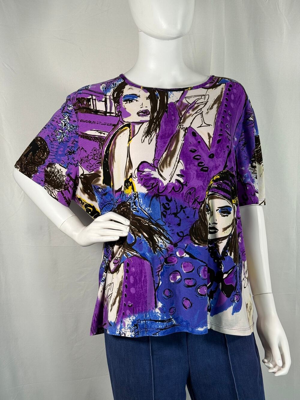 Vintage NYGard Collection Oversized Graphic Blouse Purple Abstract Faces Women's